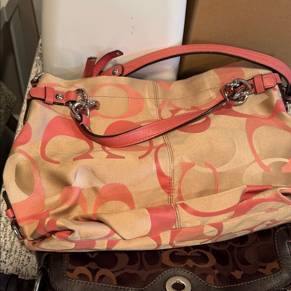Coach Coral and Tan Signature Canvas Shoulder Bag with Chain Trim